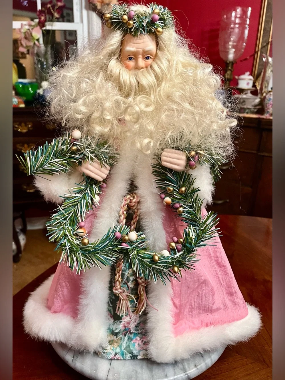 VTG 1991 Brinn's Christmas Romance Pink Porcelain Santa Tree Topper 16